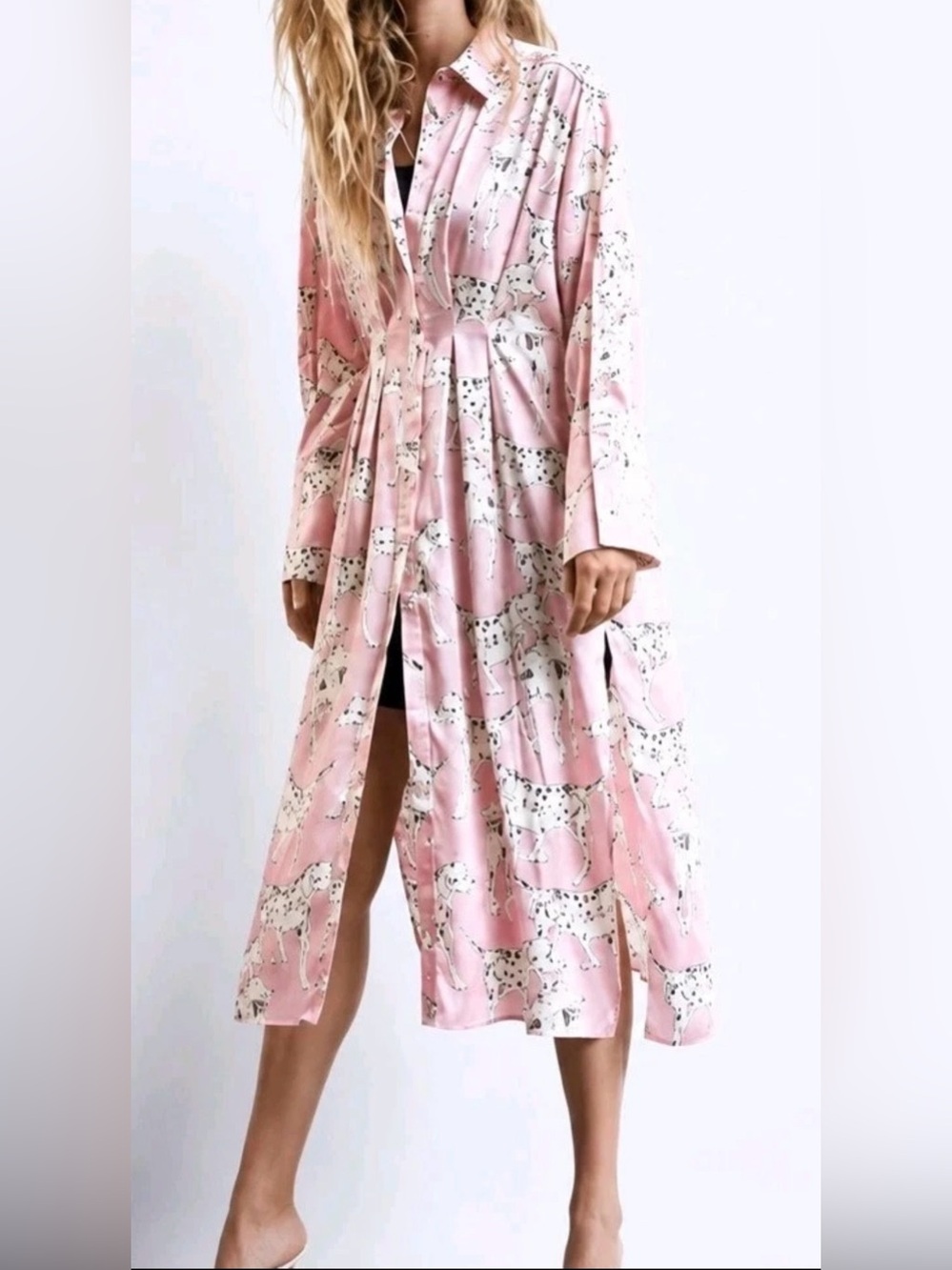 Zara Pink Dalmatian Print Button Front Satin Effect Midi Dress - Picture 2 of 7